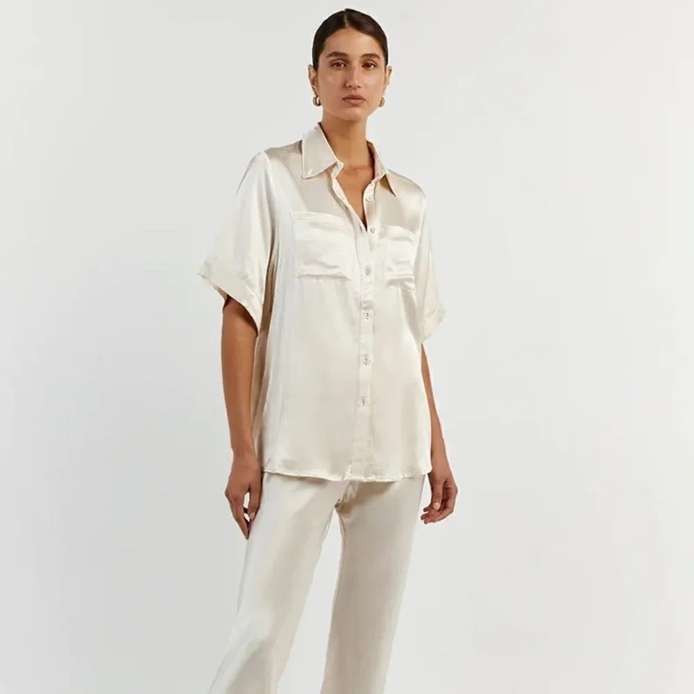 NWT Dissh Simone Satin Short Sleeve Button Front Blouse Top